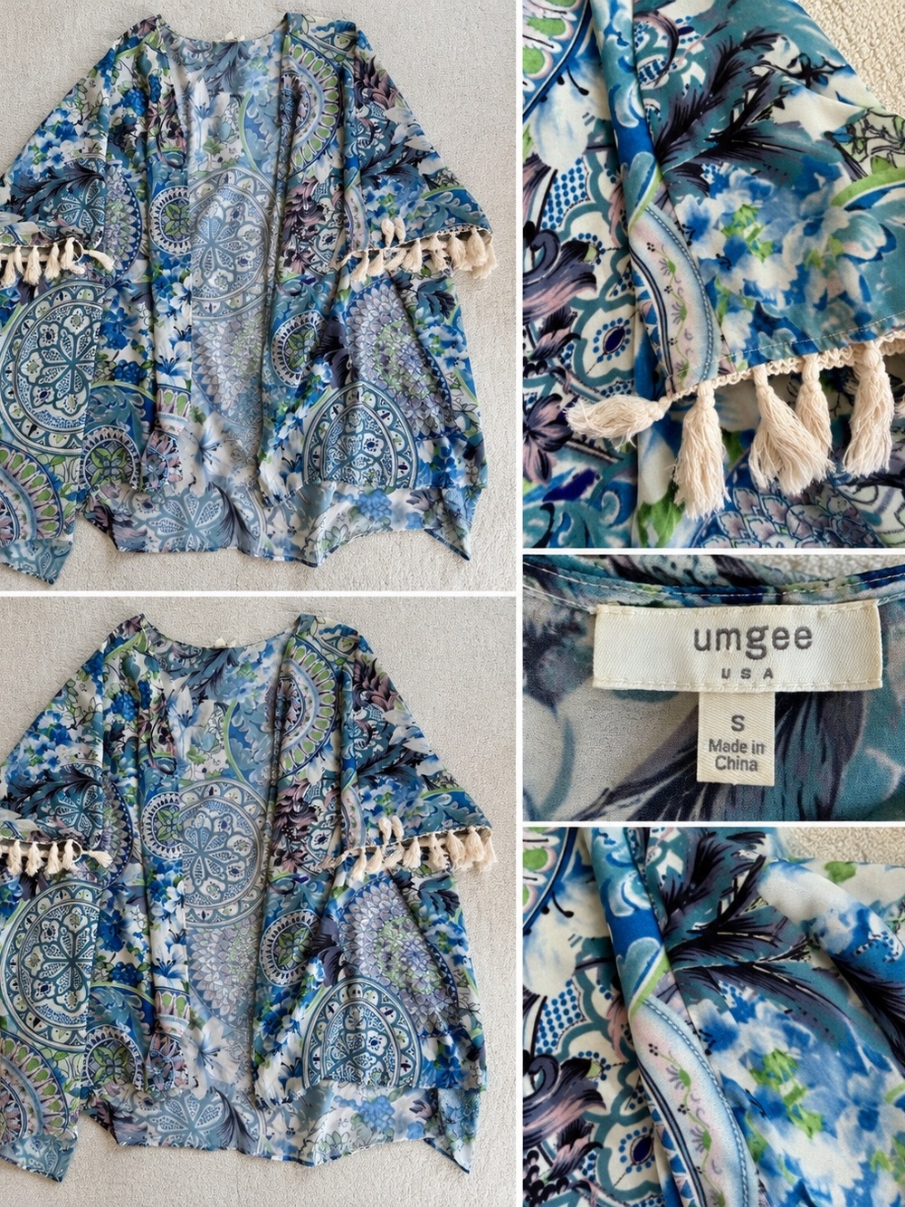 Umgee Blue & Green Floral Paisley Fringe Kimono